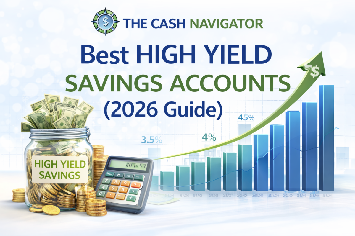 Best high yield savings accounts 2026 guide with growth chart, savings jar, and Cash Navigator logo