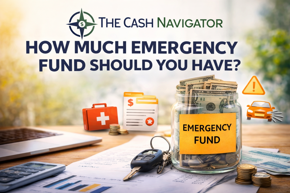 How much emergency fund should you have savings jar with cash and The Cash Navigator logo