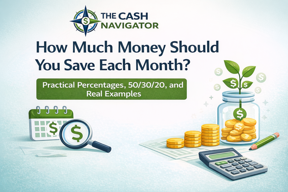 How much money should you save each month infographic with savings jar, calculator, and financial planning icons