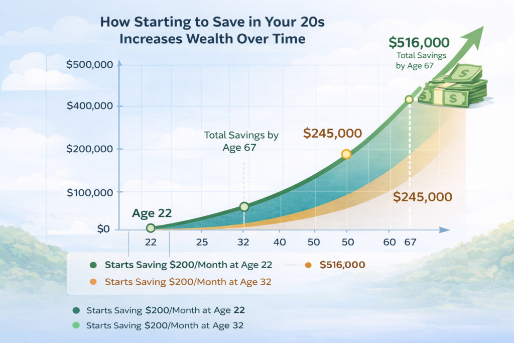 compound savings growth chart showing how saving money in your 20s increases wealth over time