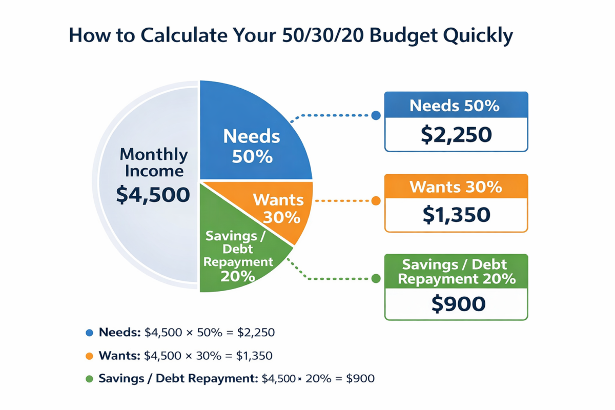 50/30/20 budget rule example chart showing how a $4,500 monthly income is divided into needs, wants, and savings.