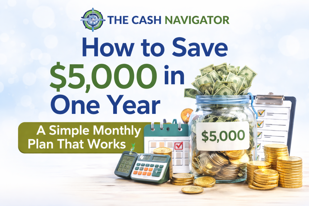 How to save $5,000 in one year plan with savings jar, cash, coins, and The Cash Navigator logo