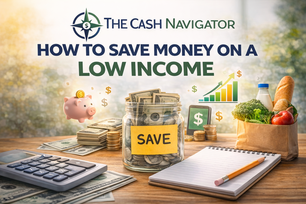 How to save money on a low income budgeting and savings concept with jar of cash and The Cash Navigator logo