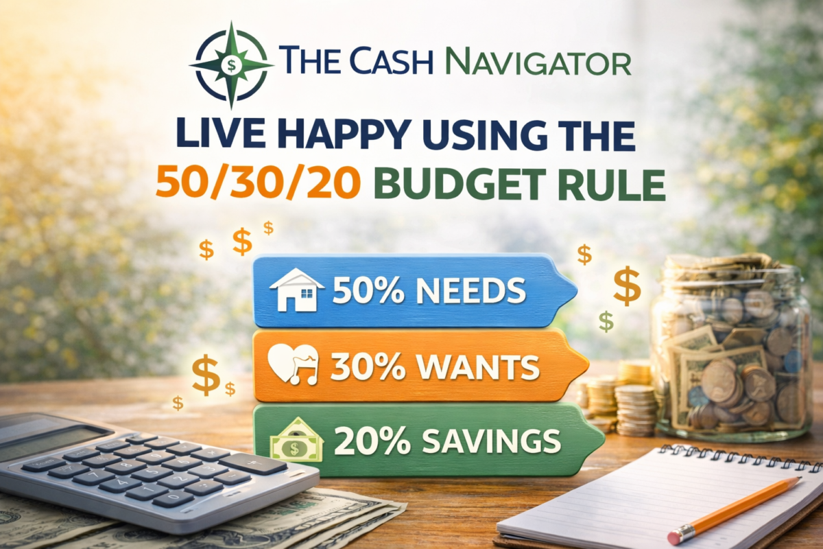 50/30/20 budget rule breakdown needs wants savings with The Cash Navigator logo
