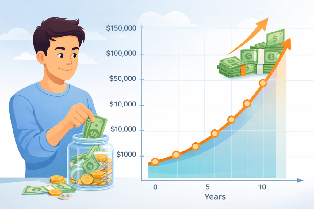 Young adult depositing cash into a savings jar while an upward exponential growth chart illustrates long-term savings growth.