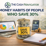 Modern financial planning scene with tablet displaying charts, smartphone budget app, and a jar labeled “Save 30%” filled with cash, representing money habits of people who save 30%.