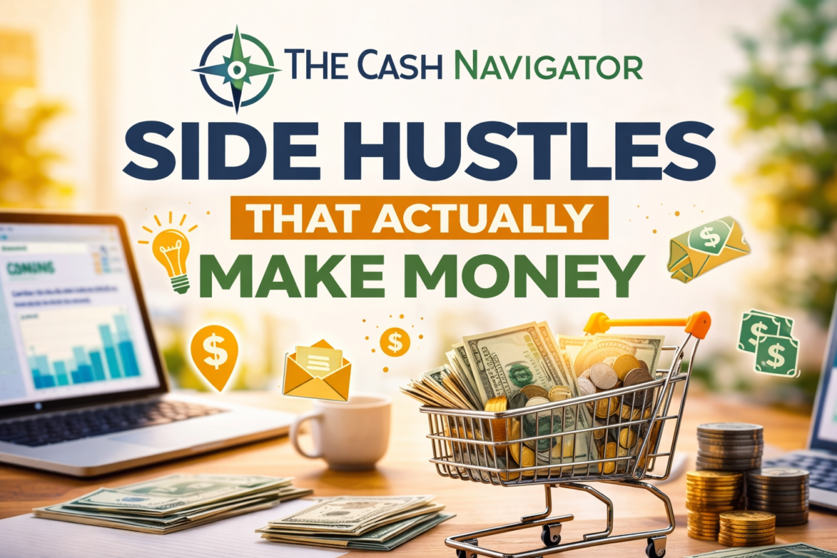 Side hustles that actually make money concept with laptop, cash, and The Cash Navigator logo