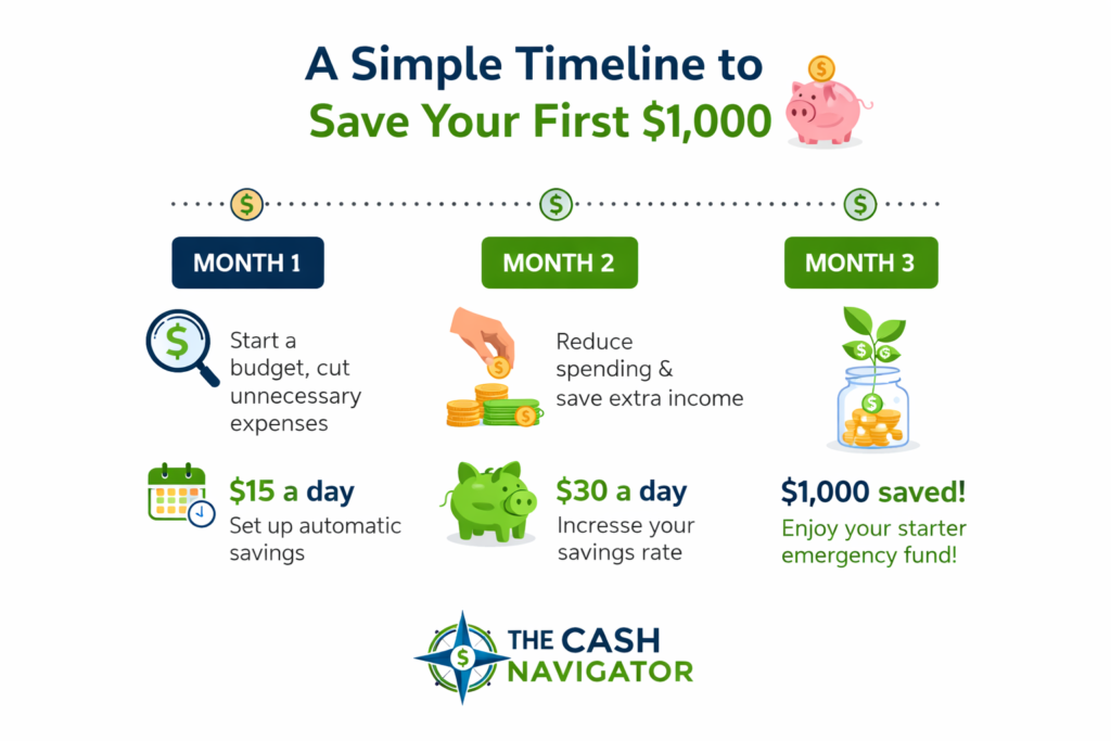 Timeline infographic showing a simple plan to save your first $1,000 by budgeting, reducing expenses, and increasing daily savings.