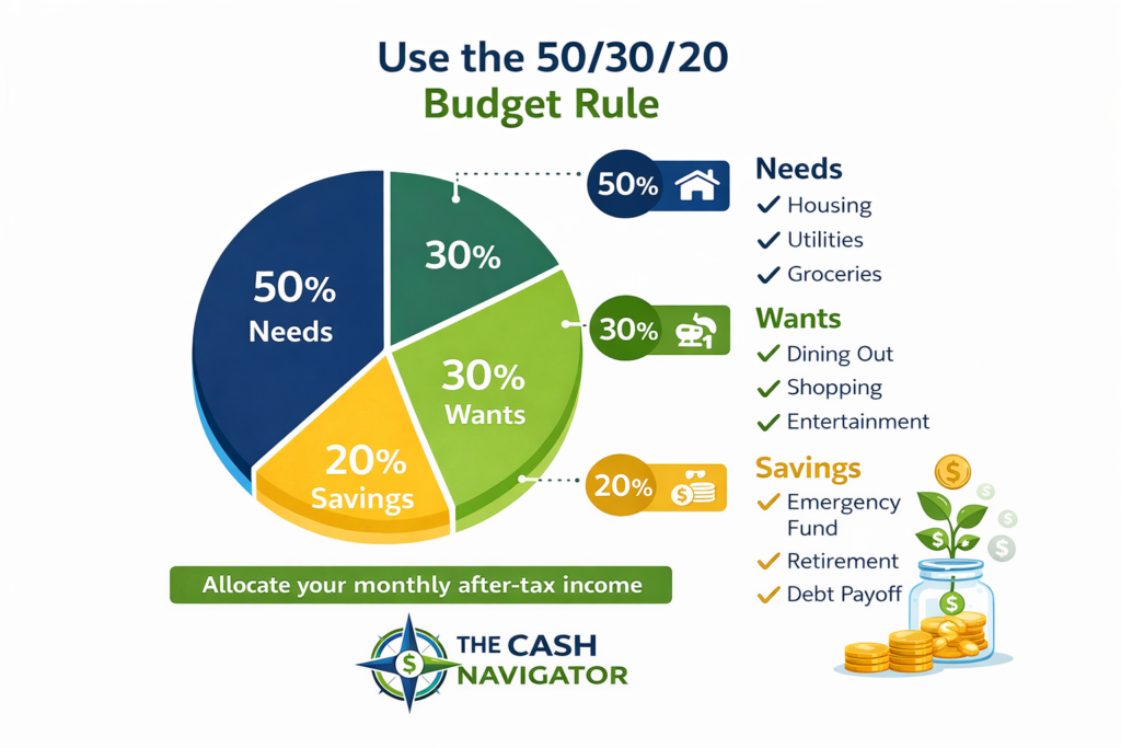 Using the 50/30/20 budget rule infographic showing income divided into 50% needs, 30% wants, and 20% savings for budgeting and financial planning.