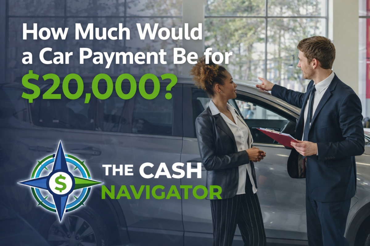 Car dealership featured image showing a buyer speaking with a salesperson next to a silver SUV, with the headline “How Much Would a Car Payment Be for $20,000?” and The Cash Navigator logo.